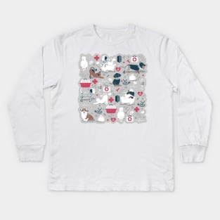 Veterinary medicine, happy and healthy friends // grey background red details navy blue white and brown cats dogs and other animals Kids Long Sleeve T-Shirt